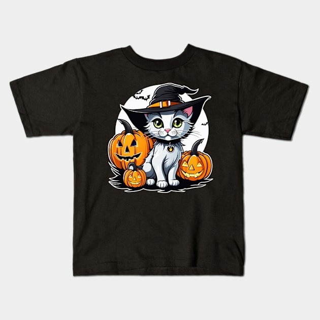 Cute witch cat with pumpkins halloween design Kids T-Shirt by Edgi